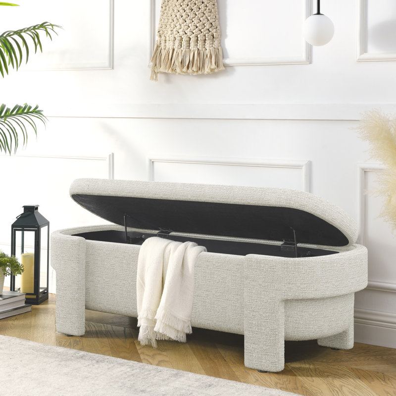 Banc rembourré en lin 51,5 po avec espace de rangement, Beige Stripe