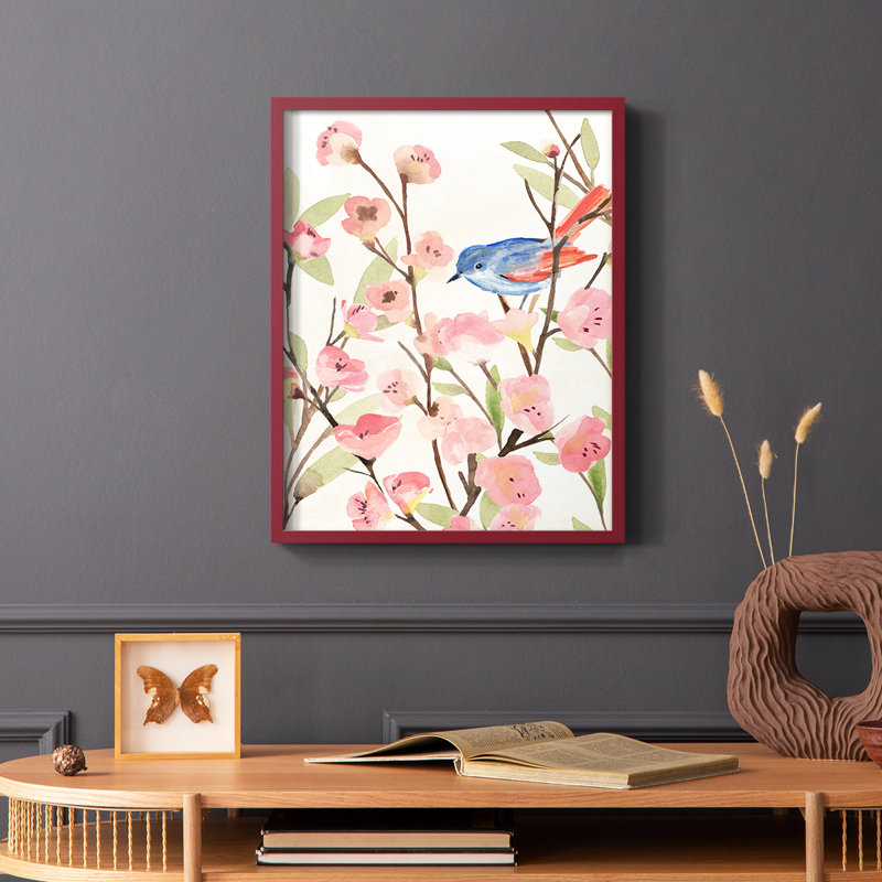 «Cherry Blossom Perch II», reproduction encadrée - bois massif, Rouge, H 10 po x l 8 po