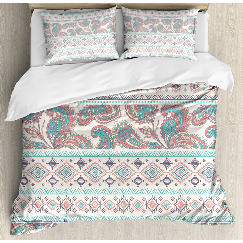 Queen Cream Aqua and Coral Tribal Duvet Cover Set