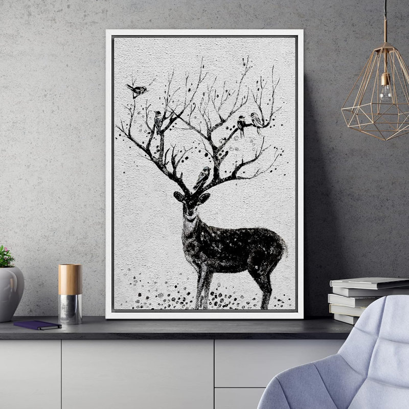 Animaux, cerf noir et blanc avec oiseaux sur bois, Cadre flottant blanc, H 36 po x l 24 po