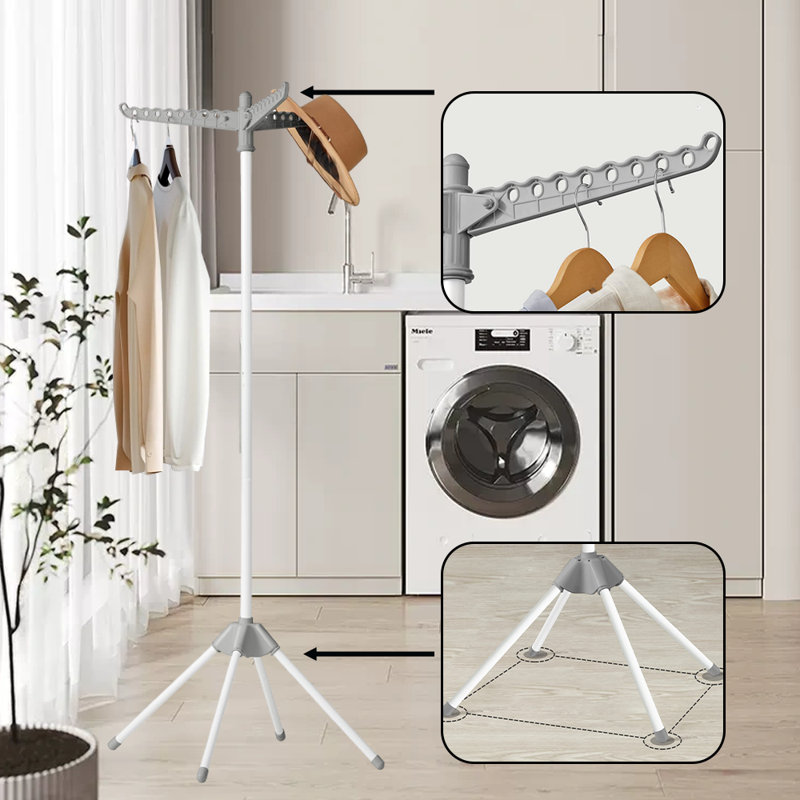 Folding Laundry Drying Rack With 3 Rotatable Arms For Hangers, Gray/White