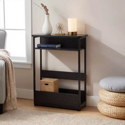 Slim Side Table Designed For Narrow Spaces, Modern 3‑Ier Sofa Table With Storage Shelf & Magazine Rack In Black For Living Room And Home Office Use