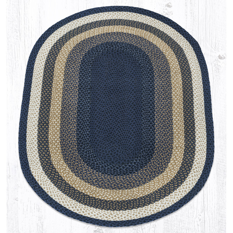  Tapis tressé ovale bleu clair, bleu foncé et moutarde - qualité artisanale, Ovale 4 pi x 6 pi