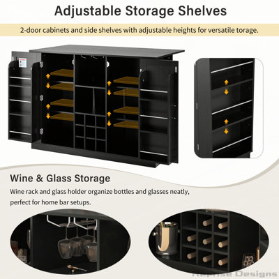 47.2" Counter Height Table with Foldable Top & Power Outlet, Sideboard Buffet Cabinet & Bar Cabinet, Wine Rack & Stemware Holder, 2-Door Storage Cabinet for Dining Room