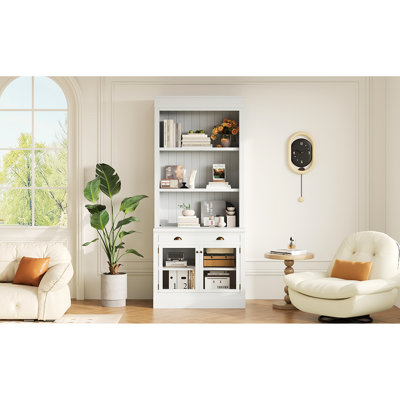 White Modern 83.4" Tall Bookcase With 2 Glass Doors, 1 Drawer, Adjustable Shelf And Smooth Vertical Ornament - Solid Wood, Construction Rectangle In Design Drawer 3 Open Shelves For Home Office