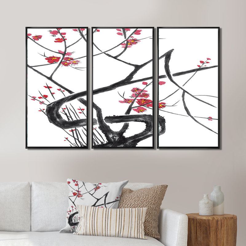 Fleurs de cerisier japonaises - Impression sur toile flottante 3 pièces, H 28 po x l 36 po x P 1 po, Cadre noir