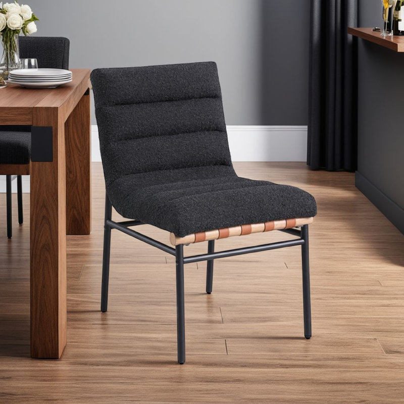 Kive Dining Chair Set Of 2, Iron Legs, Channel Tuft Boucle, Black
