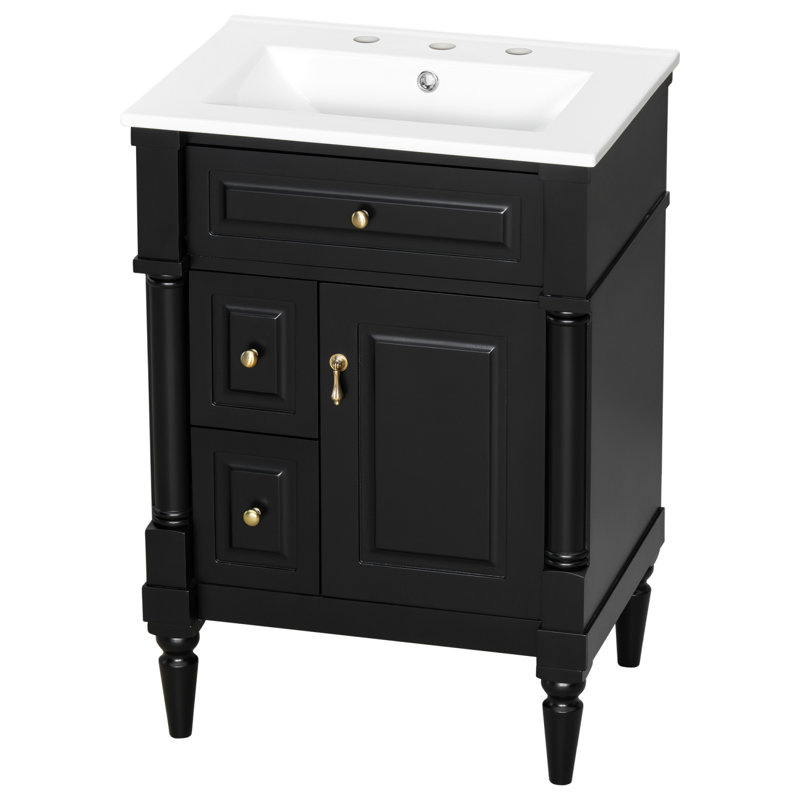 Meuble-lavabo autoportant de 24 po avec lavabo en céramique et rangement réglable, Noir, Doré
