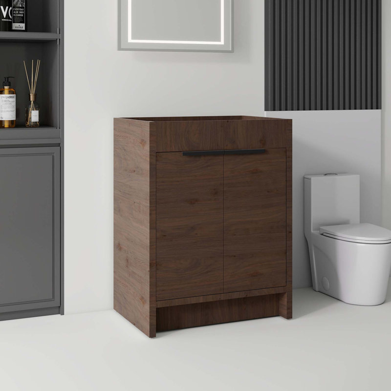 Meuble-lavabo autoportant avec portes à fermeture douce et rangement spacieux, Brun
