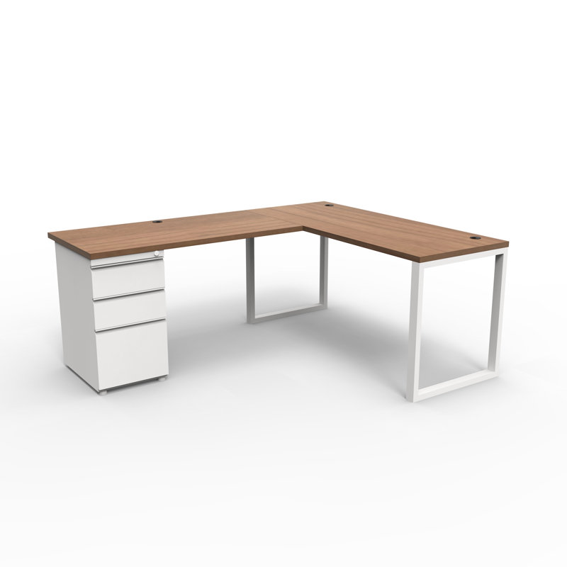 The City, Modern L-Shaped Office Desk for Office and Home, Walnut Strand Top with White Frame, Walnut/White