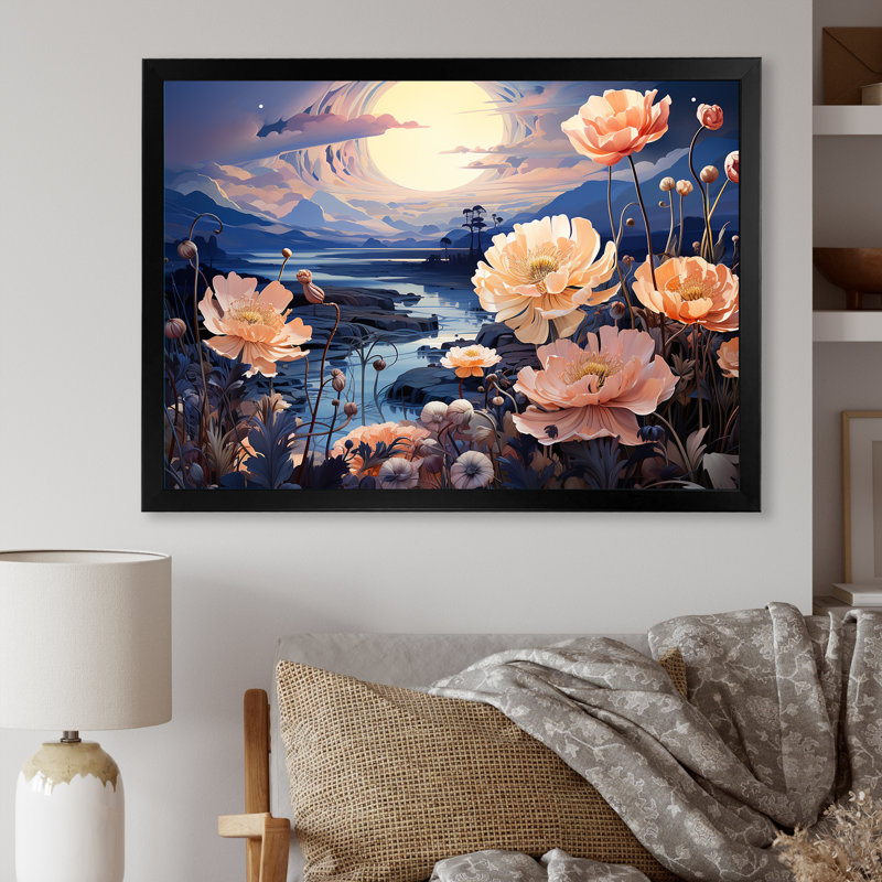 Charmant coucher de soleil magique prairie I sur toile, Cadre simple noir, H 24 po x l 32 po x P 1,5 po
