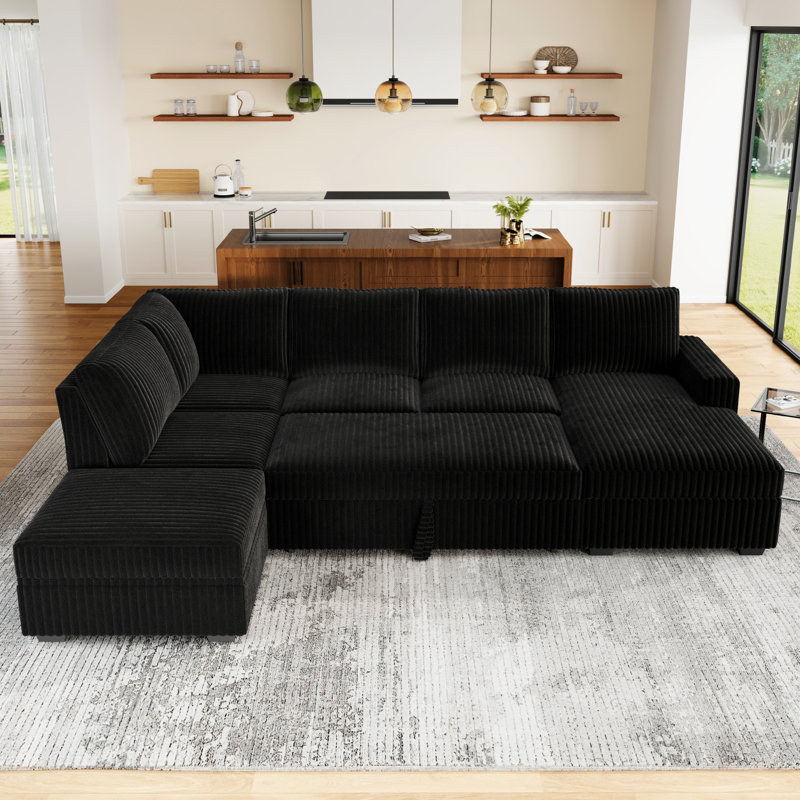 Brunella 111.4'' W Corduroy Modular Sleeper Sectional with Storage, Black Corduroy