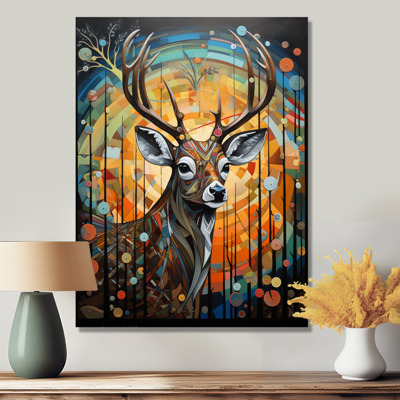 Deer In Colorful Landscape Composition - Deer Animal Wall Art, Métal métal, H 40 po x l 30 po x P 1,5 po