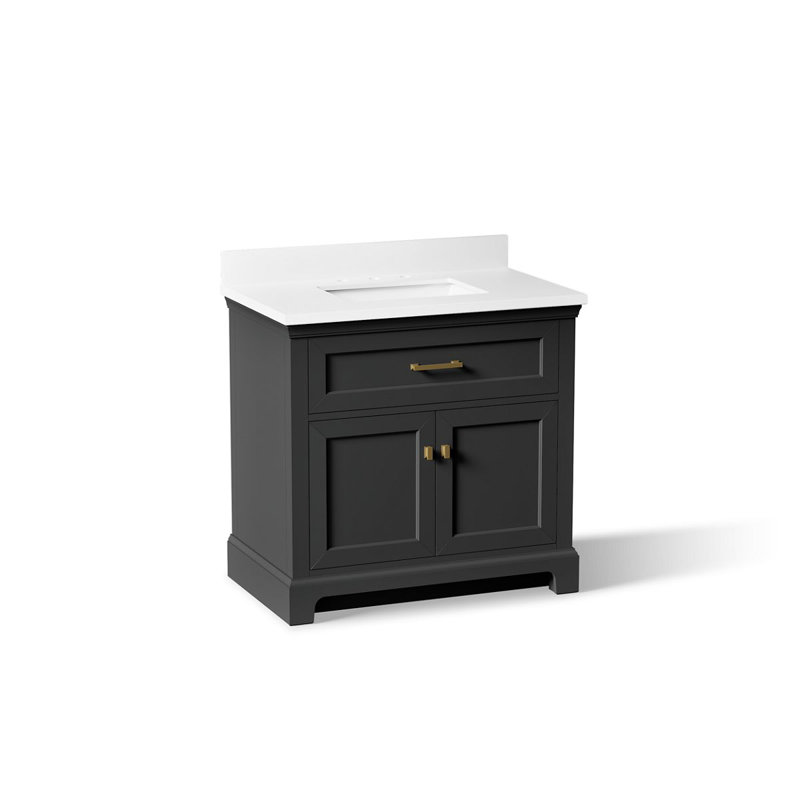 Charlemont Bathroom Vanity Cabinet With Sink And Quartz Top, Dark Warm Gray, Brushed Brass, 30"