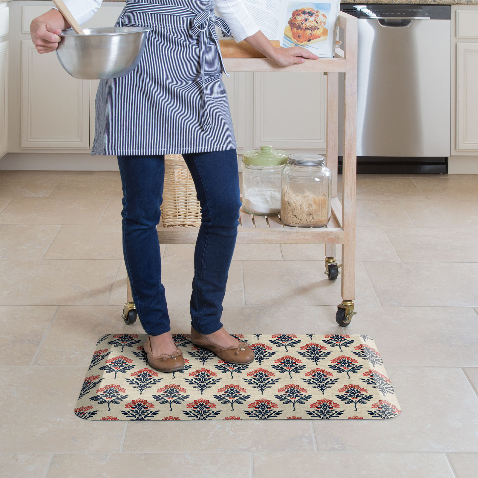 Block Print Garden Kitchen Comfort Mat, Indigo Blossom, Rectangle 20" x 32"