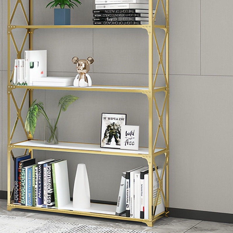 Une bibliothèque simple et créative, (5 tablettes) H 78,7 po x l 31,4 po x P 11,8 po, Blanc / Doré