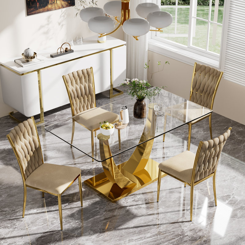 63in Glass Top Metal Base Kitchen Dining Table Set, 5, Brown/Gold