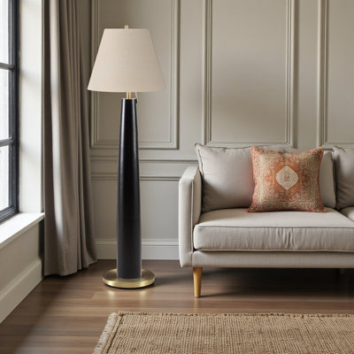 Lampe sur pied de 62 po de style contemporain en métal noir avec abat-jour beige Elaine