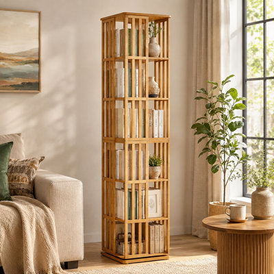 69.9-inch brown 6-tier bamboo floor-standing rotating bookshelf tower, 360-degree rotating narrow bookcase, freestanding storage and display shelf.