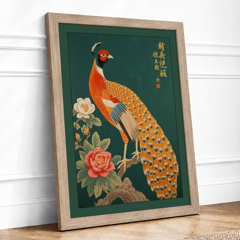 Peacock in Gold Japandi - Framed Print, A3 - 42.0 x 29.7 cm, Oak