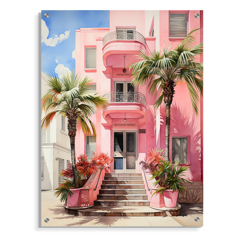 «Pink Miami Artful Facades II», art mural en acrylique de Miami pour le salon, H 20 po x l 12 po