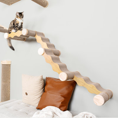 Ascentials by FurHaven Wave Cat Ramp (60”), Wall-Mounted Modular Scratching Shelf with Corrugated Cardboard, Customizable Orientations, Reversible Slate Blue and Bamboo Wood Pattern