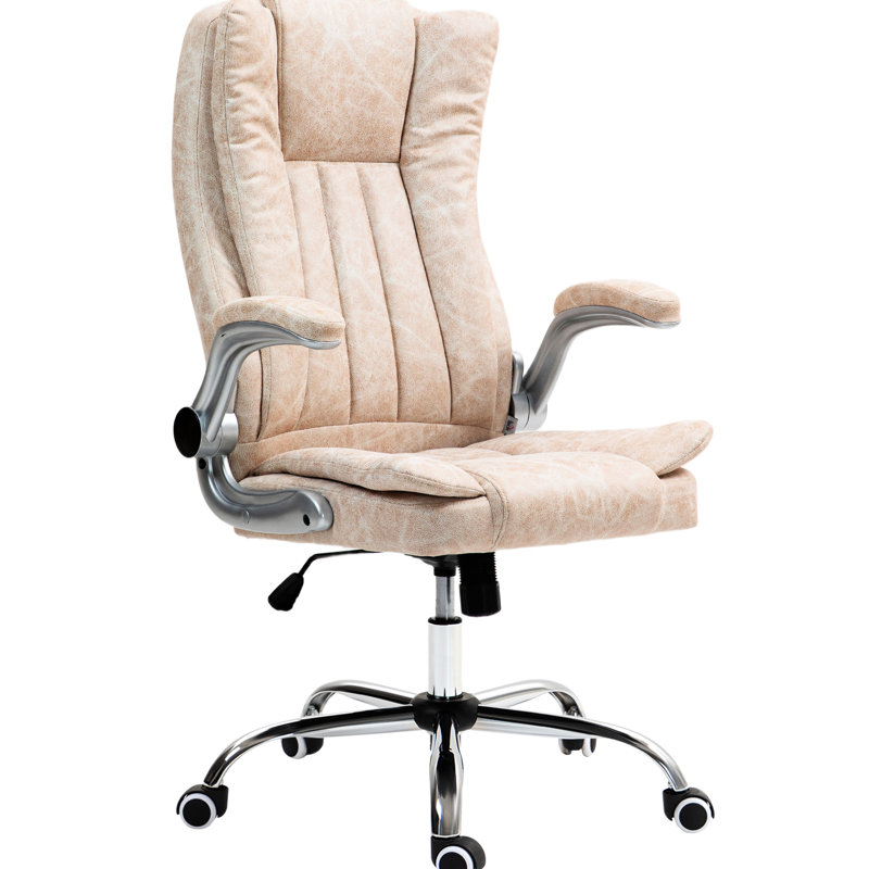 Fauteuil de bureau blanc crème avec accoudoirs rabattables rembourrés, dossier haut en microfibre, siège et inclinaison réglables, ordinateur pivotant à 360 degrés avec