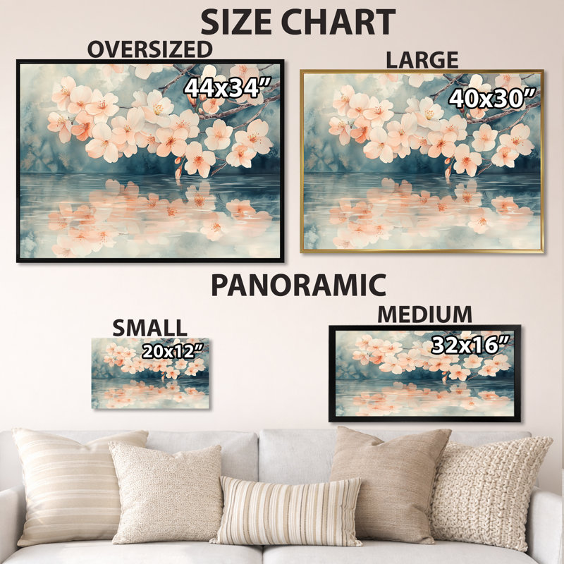 Décoration murale en toile Cherry Blossom Reflection I - Rose Sakura, H 30 po x l 40 po, Cadre naturel flottant