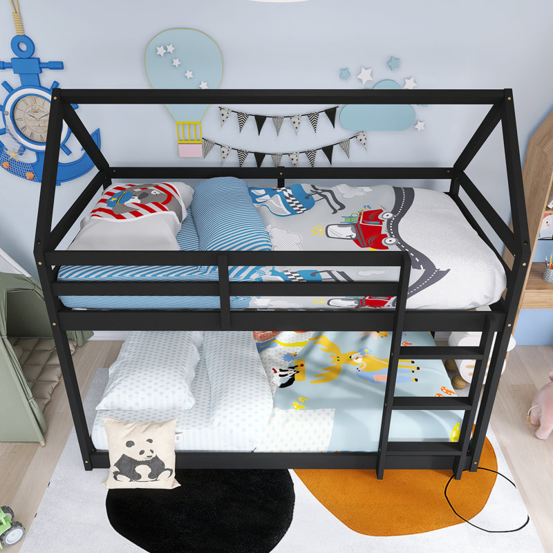 Wood Frame Twin Over Twin Size House-Shaped-Bunk Bed With Ladder,Guardrails, Black