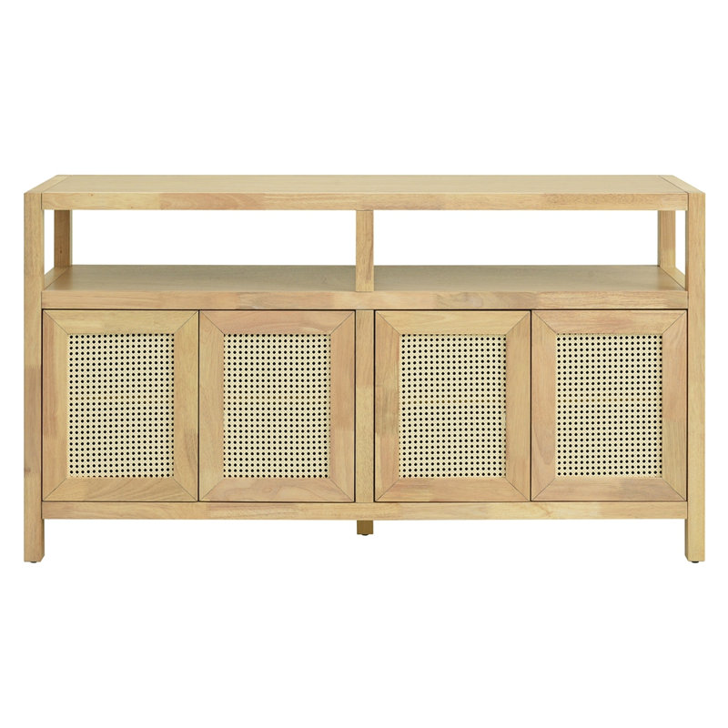 Bohemian Style Rattan Buffet Storage Cabinet with Solid Wood Frame, Sideboard with 3-position Adjustable Shelves for Living & Dining Rooms, No-Handle Push-to-Open Design