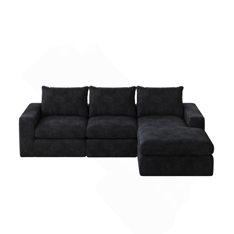 Canapé modulaire moderne en forme de L de 99 po de largeur, sans assemblage avec méridienne et canapé 3 coussins, Noir