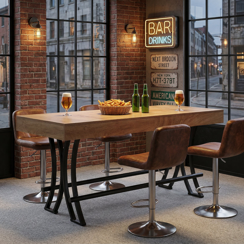 63" Industrial Counter Height Bar Table, Rectangular Tall Pub Table with Metal Footrest, Home Bar Unit, Light Brown