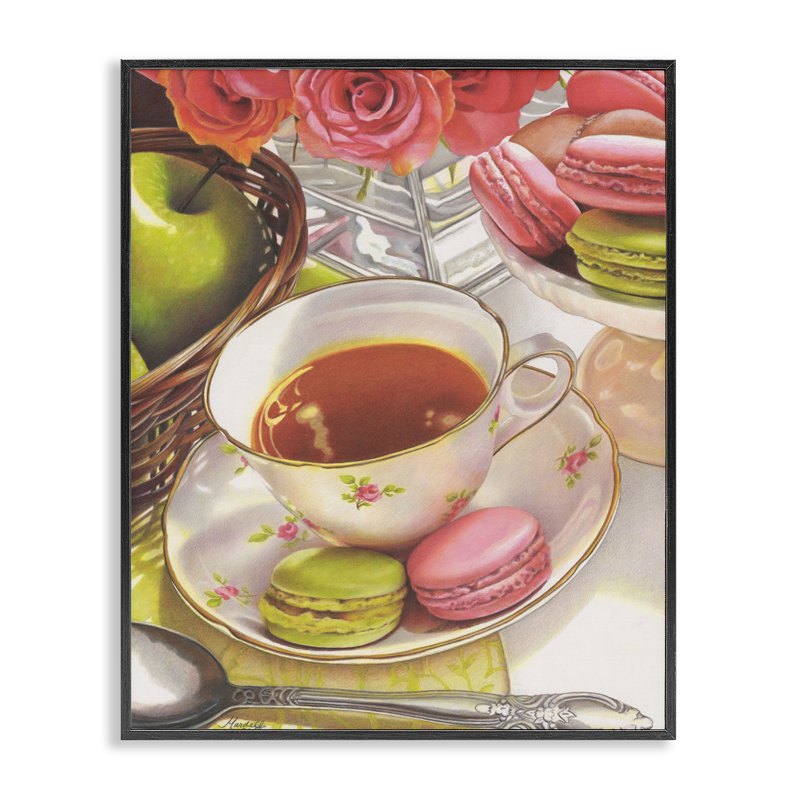 Thé avec art macarons par Mardell Schuster, Giclée encadrée noir minuit, H 20 po x l 16 po