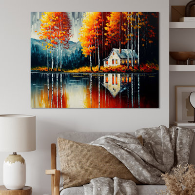 Red and Orange Lake House with Birch Trees - Graphic Art on Canvas -  Design Art, PT57343-20-12