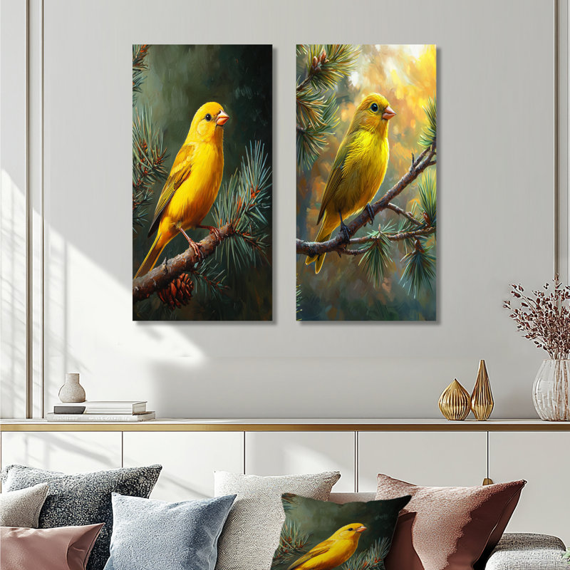 «Finch Bird on a Pine Branch I - Yellow Nature», reproduction d'art en métal 2 pièces, 40" H x 40" W