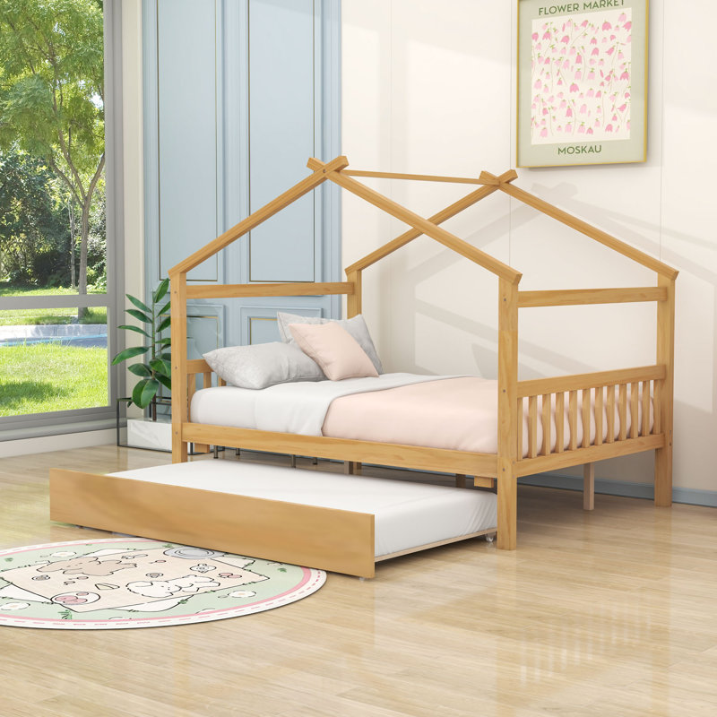 Lit en bois avec lit gigogne escamotable, Naturel , Double