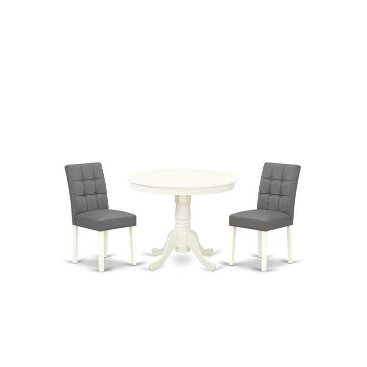 3 Piece Kitchen Table Set consists of a wooden table and 2 Platinum Gray Polyester Fabric Person Chairs with Stylish Back- Linen White Finish