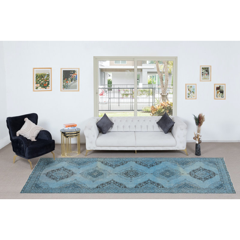 Tapis de couloir turc fait à la main 4,6 x 12,6 pi avec tapis couloir turc et tapis moderne bleu clair