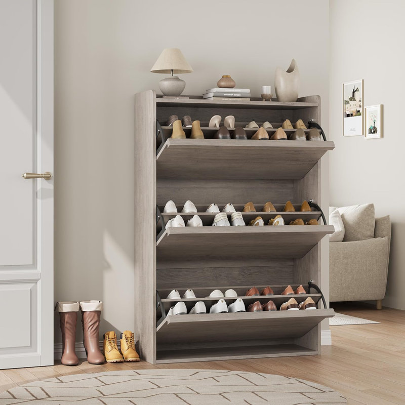 24 Pair Shoe Cabinet with 3 Flip Drawers, Wooden Shoe Organizer Cabinet with Adjustable Shelf, Gray
