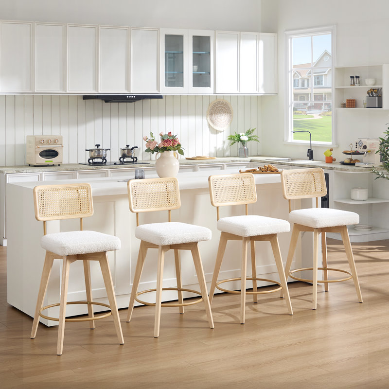 Tabourets de bar pivotants Anandi 66,5 cm (26,2 po) de style moderne du milieu du siècle, avec dossier en rotin et structure en bois massif