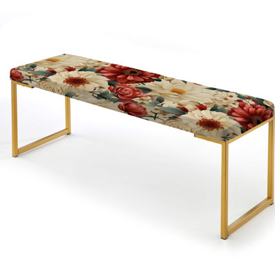 Delicate Flower Symphony II - Floral Upholstered Gold Bench