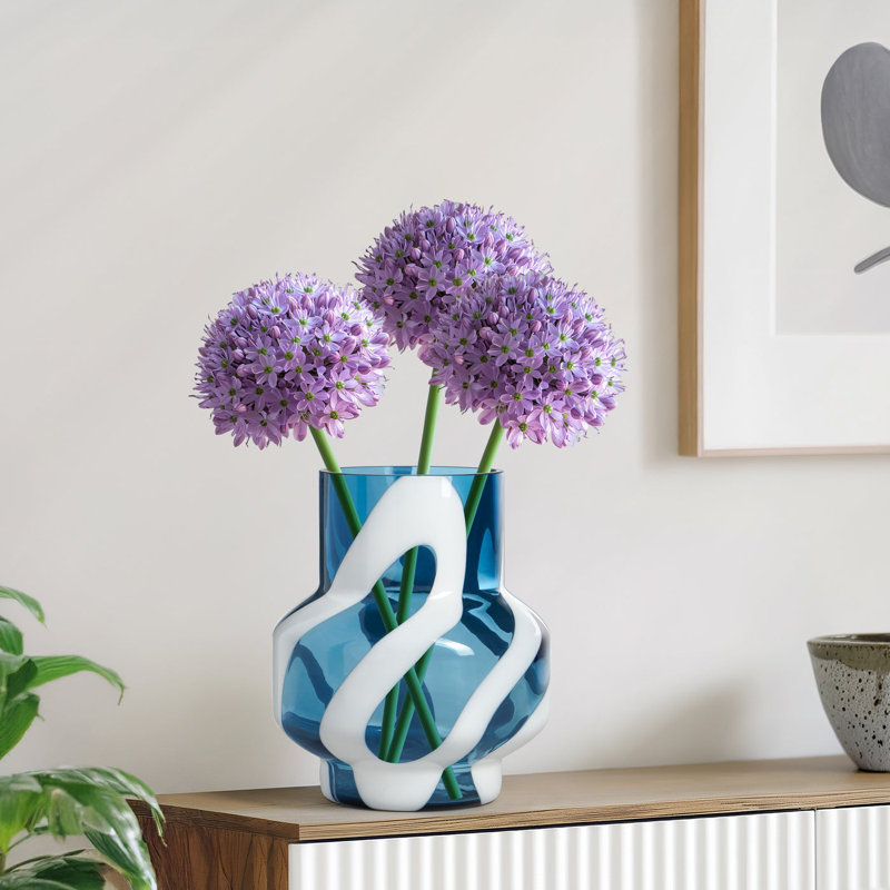 Vase rond en verre transparent 8 ", Bleu, 8 inch