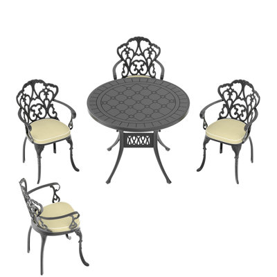 5 meubles de patio, fonte d'aluminium avec coussins de couleur aléatoire, table ronde, 4 sièges, patins antidérapants antidérapants à l'eau de jardin sur le cadre, sièges ergonomiques