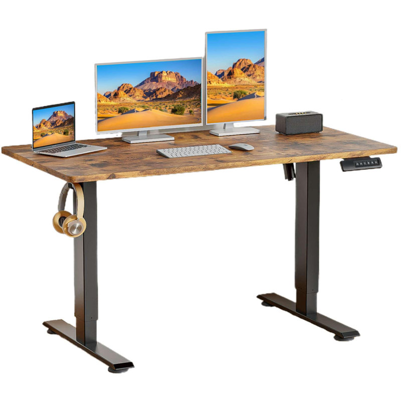 Electric Height Adjustable Standing Desk With 2 Hooks, 4 Lockable Casters,1 Mouse Pad, Brown/Black