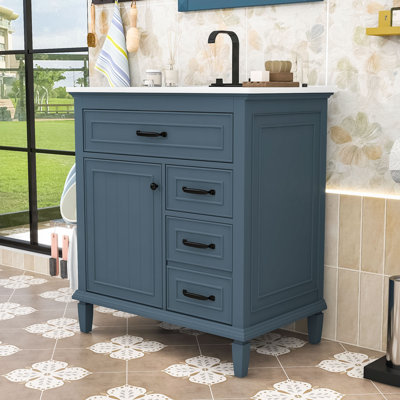Meuble-lavabo autoportant élégant avec lavabo en céramique, rangement réglable et porte à fermeture en douceur