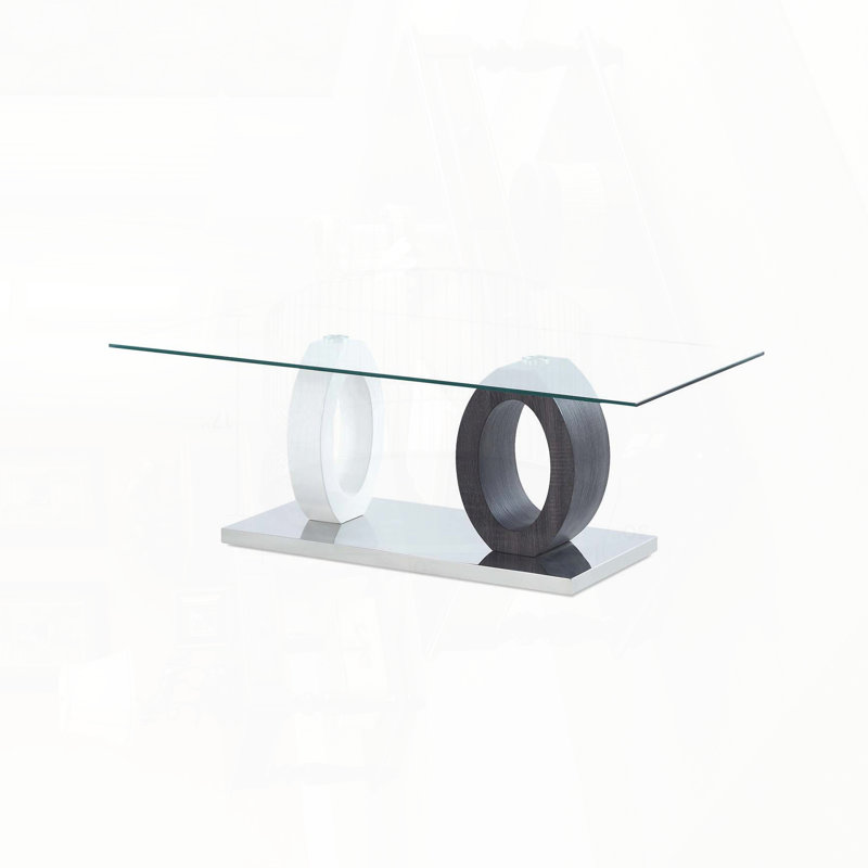 Table basse sur rail avec plateau en verre et base argentée