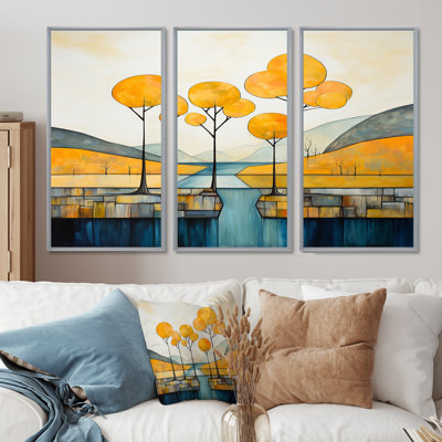 Arbres jaunes au bord de la rivière Blue Mountain - ensemble d'art mural rivière