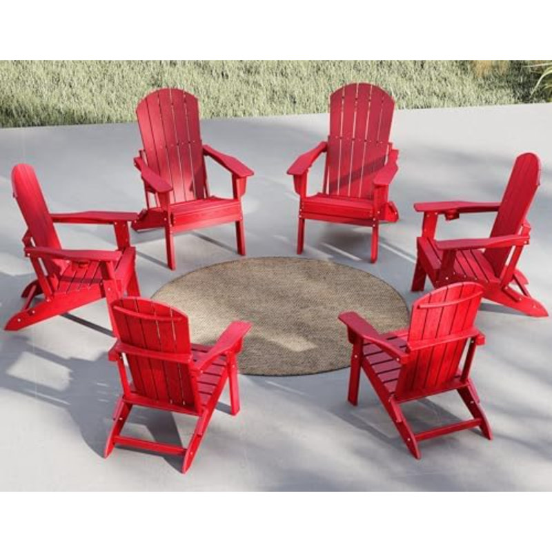 Folding Adirondack Chair, SGS Tested, Wooden Textured with Cup Holder, Heavy All-Weather HDPE Comfortable Set Poolside Backyard Lawn