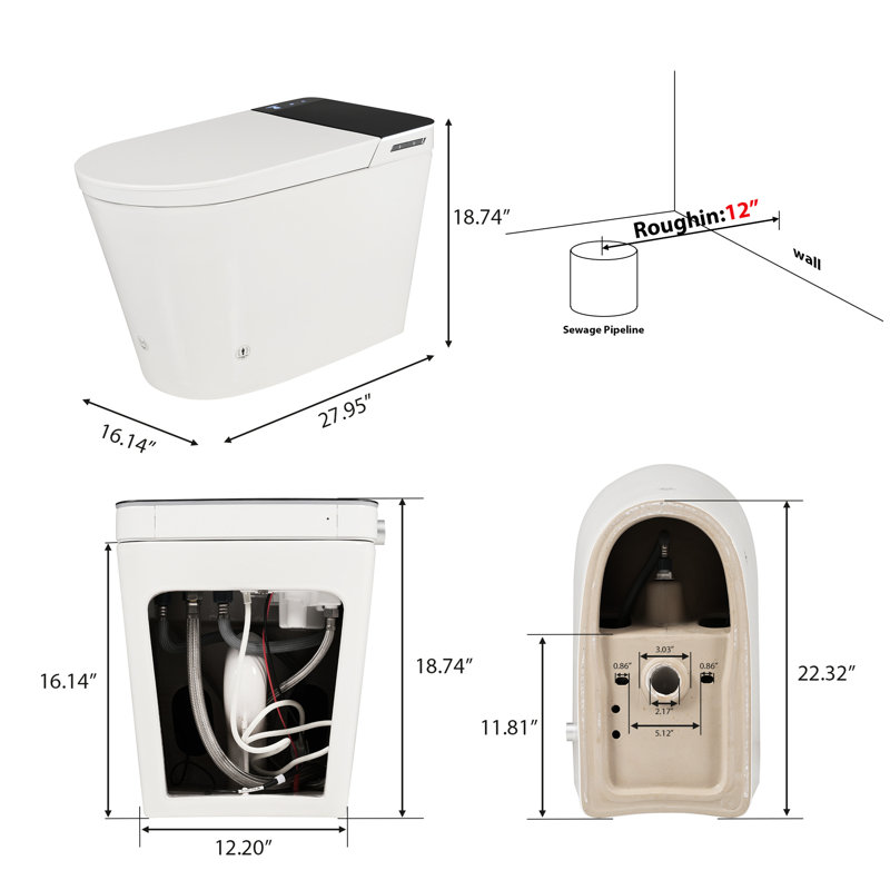 Smart Bidet Toilet, Design, Auto Open & Close Lid, Wider Bidet, Warm Water Wash And Dry, Foot Sensor, Fountain Washing Modes, Adjustable Temperature, , Dryer Temp, Side Memory Buttons, High - Quality