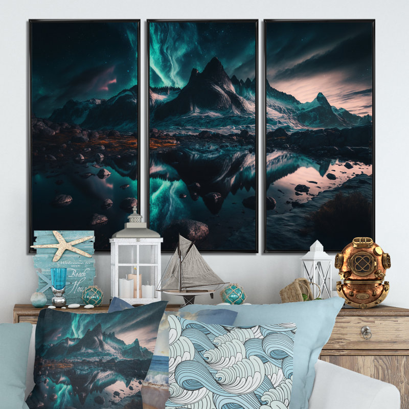Aurores boréales magiques «Northern Lights I», reproduction sur toile 3 pièces, H 28 po x l 36 po x P 1 po